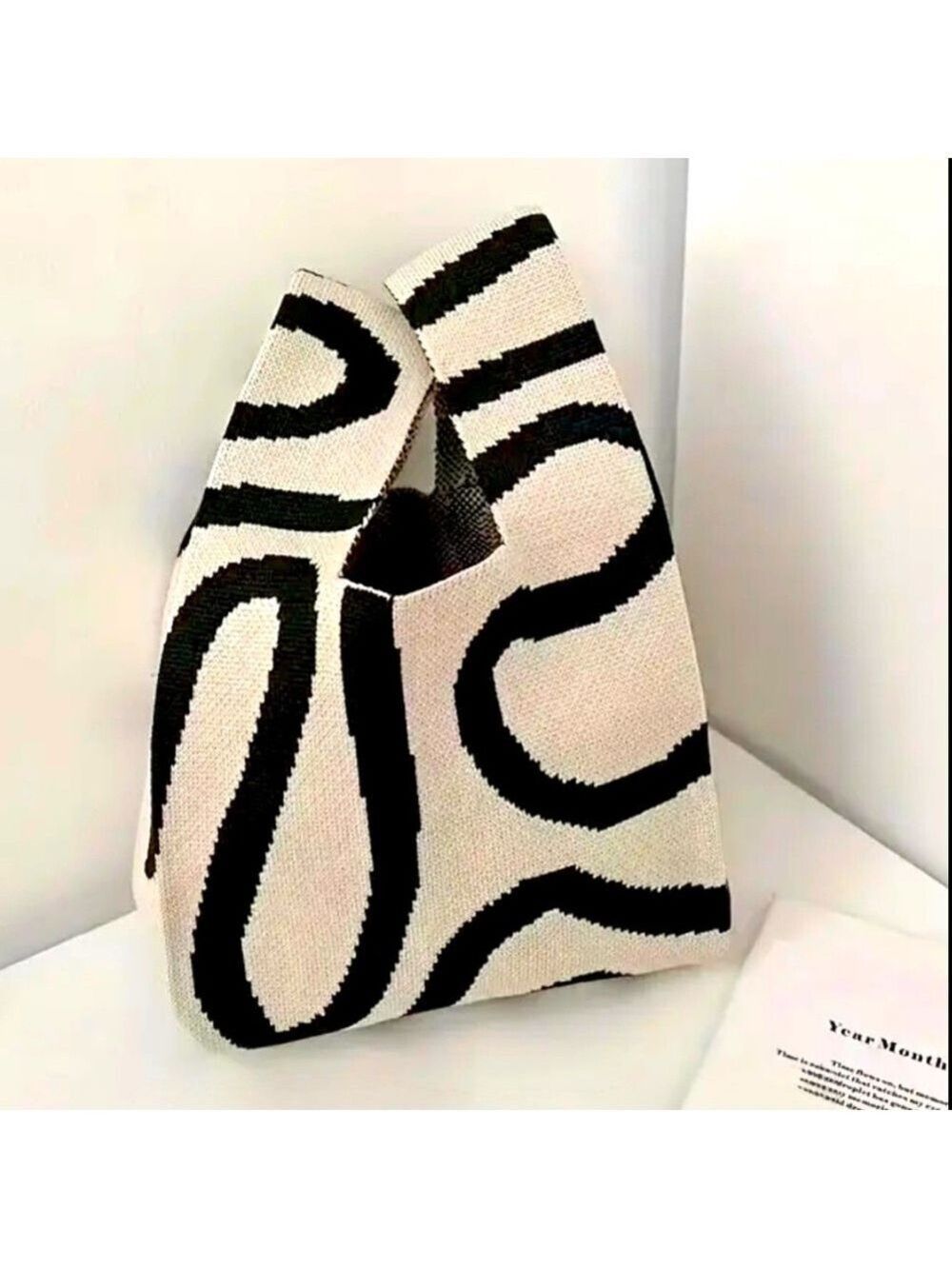 Heavy Woven Knit Lines Pattern Tote Purse Bag Japanese Knot  Closure Style
